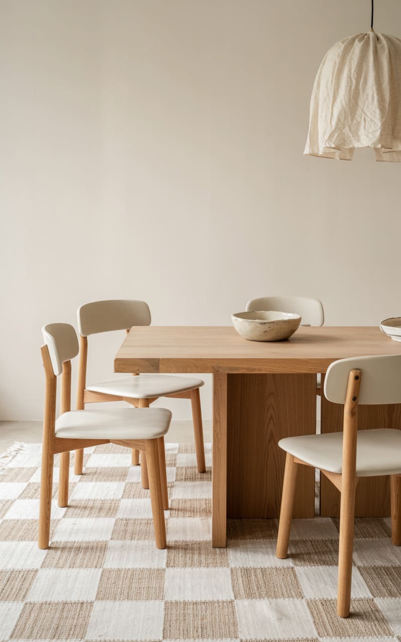 Dining Room with a Light Oak Table and Barely-There Checkerboard Rug