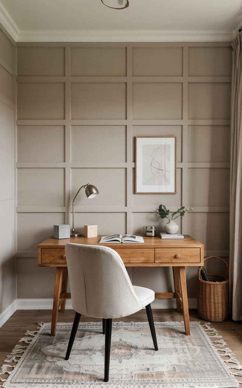 Home Office with a Pale Taupe Accent Wall and Light Grid Pattern