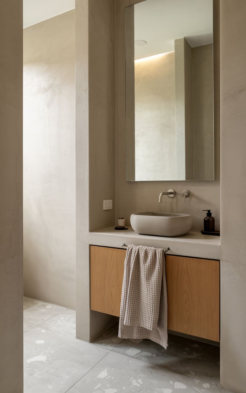 Bathroom with Soft Clay-Toned Walls and Woven Texture Details