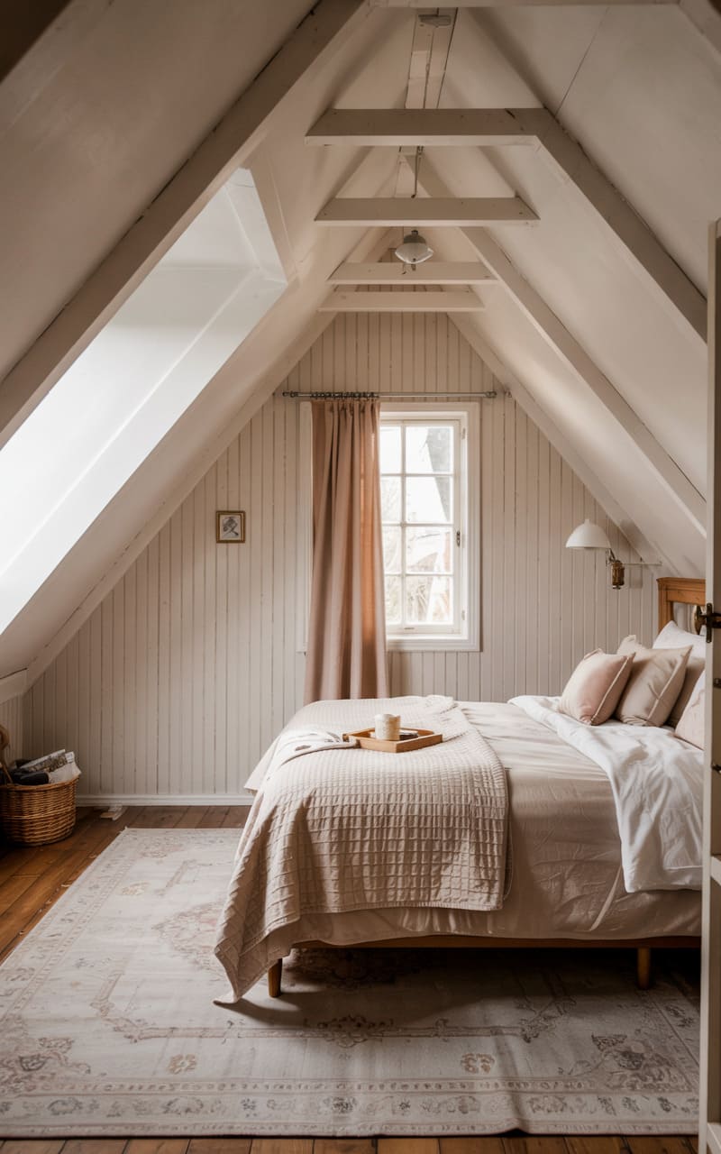Attic Bedroom with Soft Pink Undertones and Delicate Vertical Paneling