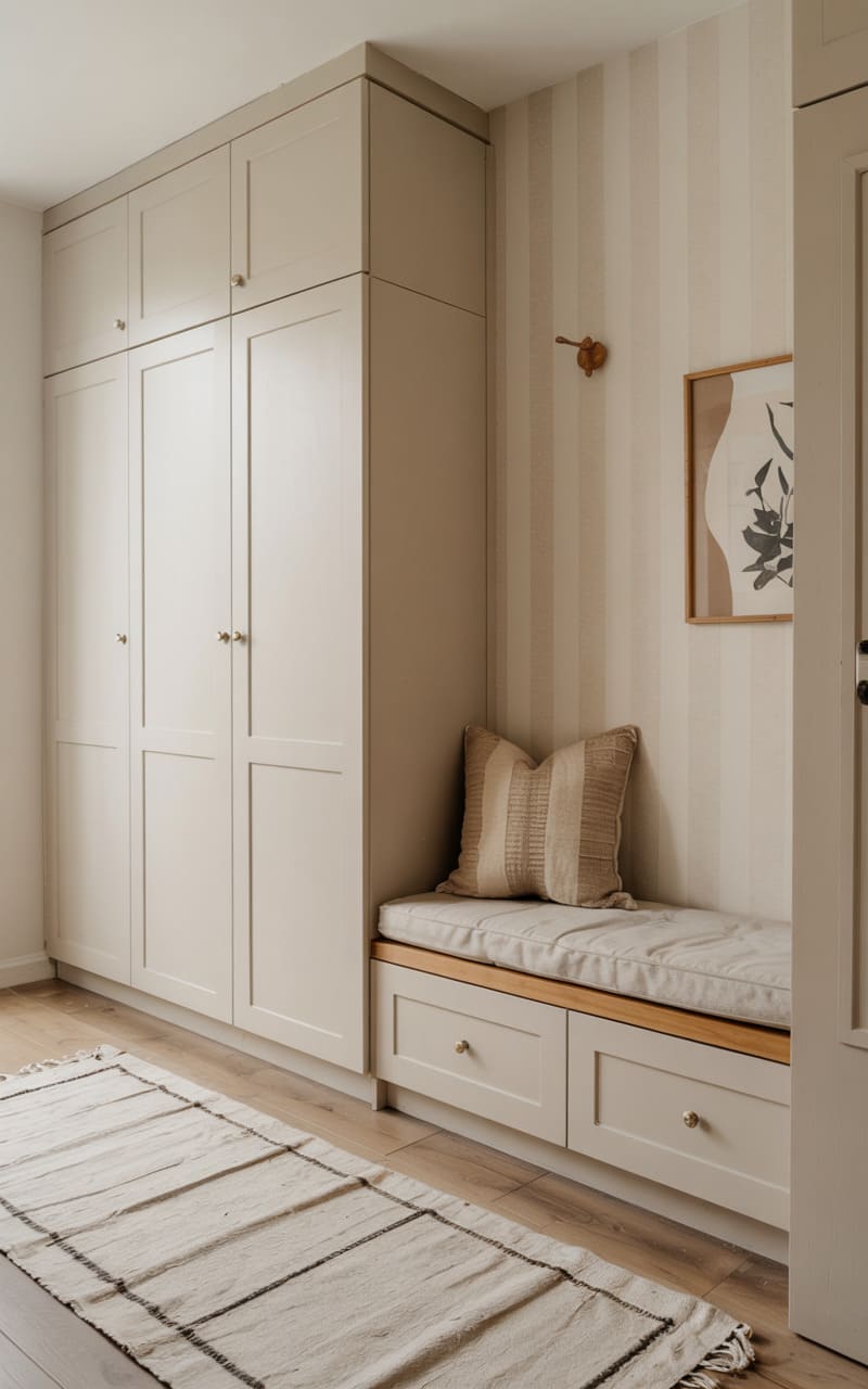 Entryway with Subtle Striped Wallpaper and Soft Greige Cabinetry