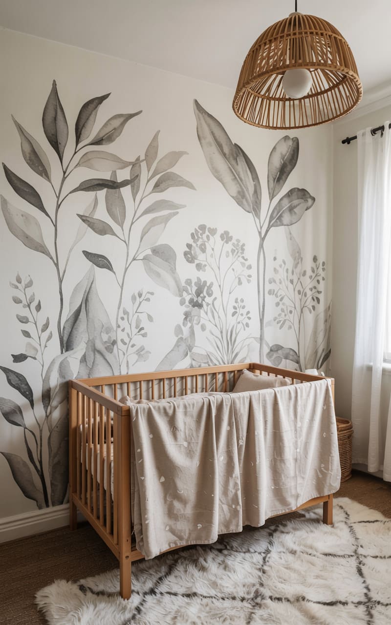 Nursery with a Muted Botanical Mural and Textured Bedding
