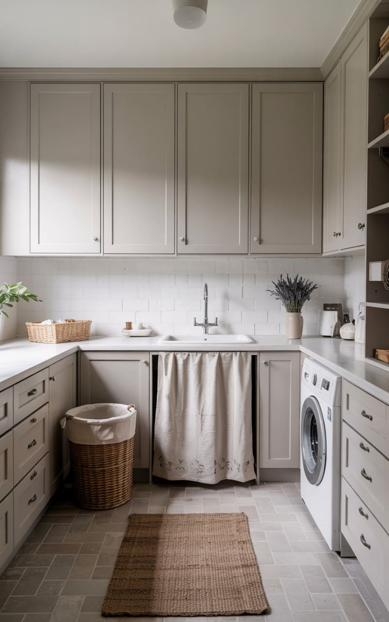 Laundry Room with Delicate Herringbone Floor Tiles and Light Gray Cabinets