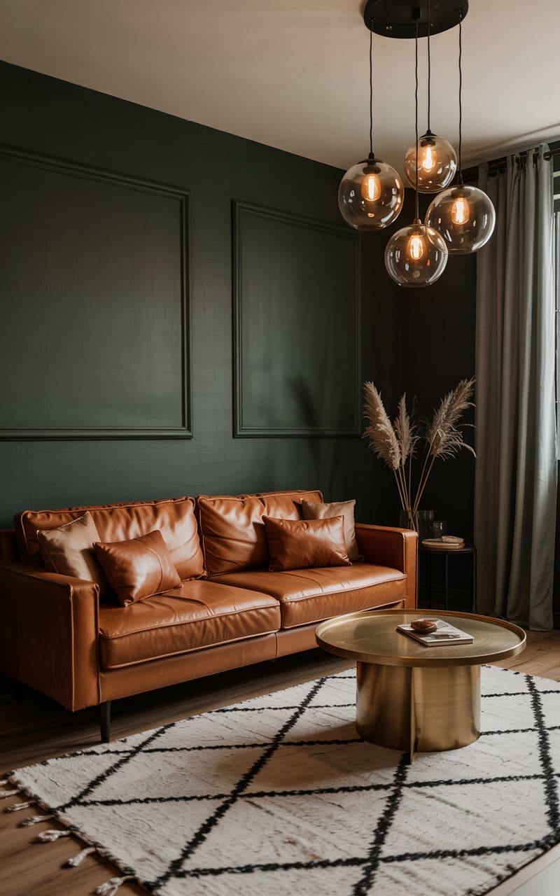 Living Room with Deep Forest Green Walls and Brass Accents
