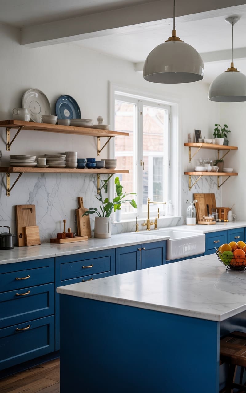 Kitchen with Cobalt Blue Cabinets and White Marble Countertops