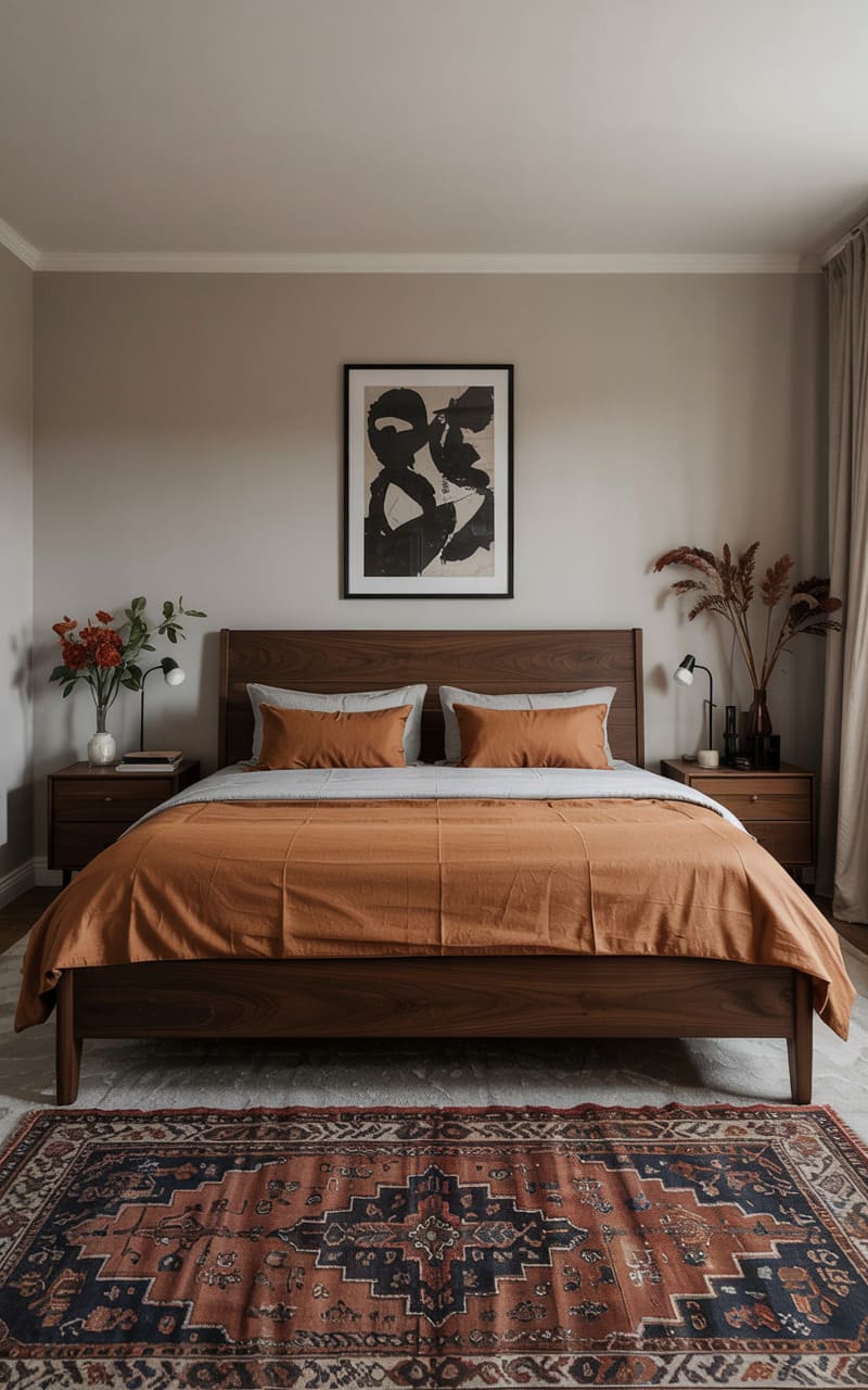 Bedroom with Burnt Orange Textiles and Dark Walnut Furniture
