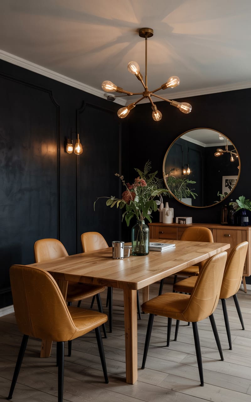 Dining Room with Mustard Yellow Chairs and a Dark Charcoal Wall
