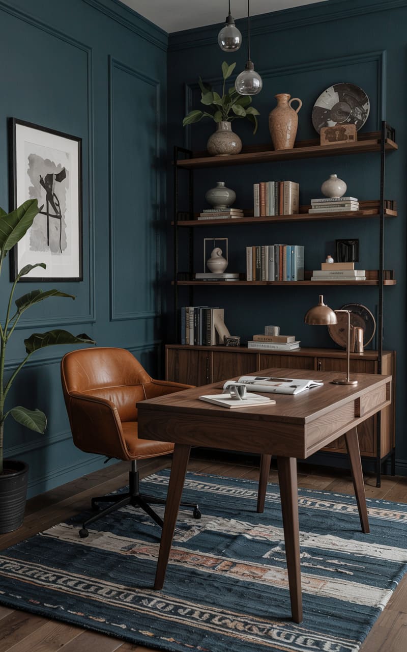 Home Office with Deep Teal Walls and Mid-Century Modern Elements