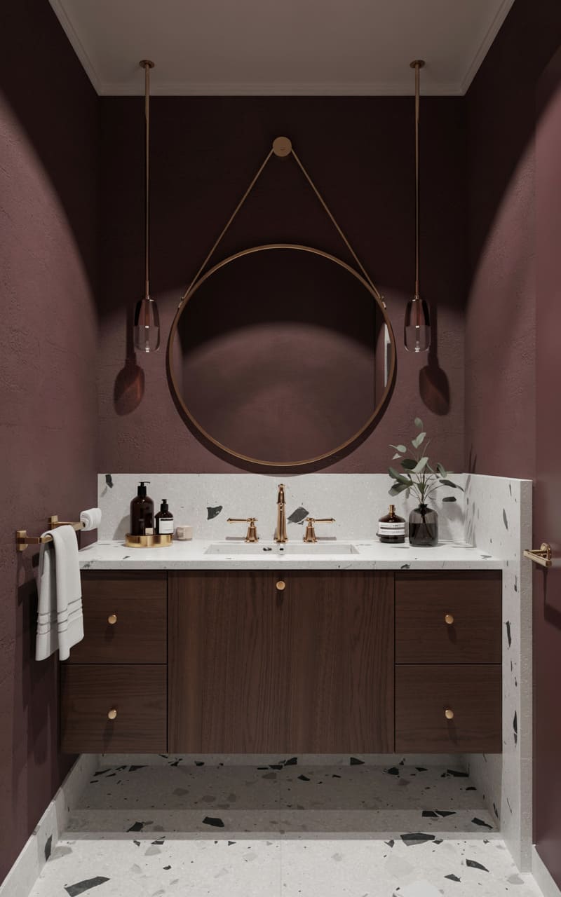 Bathroom with Dark Plum Walls and Gold Fixtures