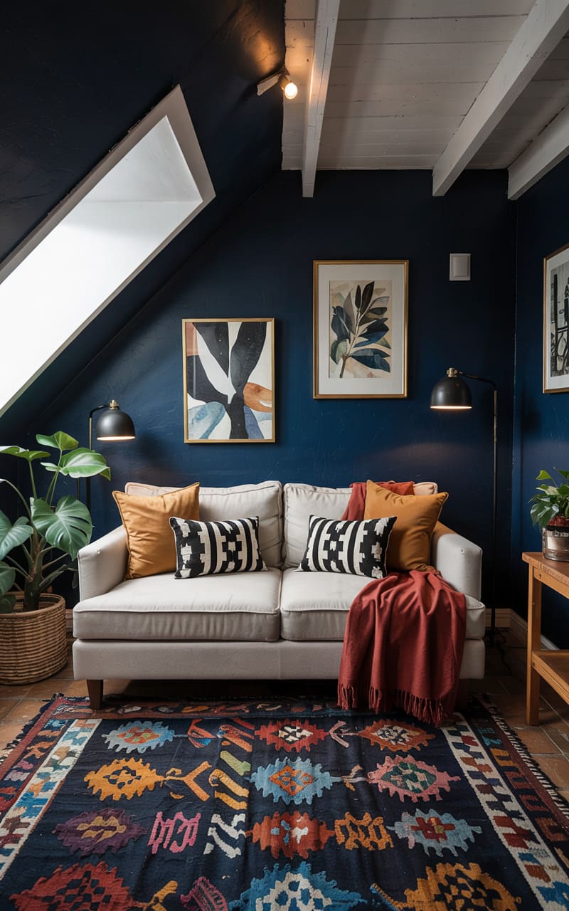 Attic Lounge with Bold Navy Walls and Playful Patterns