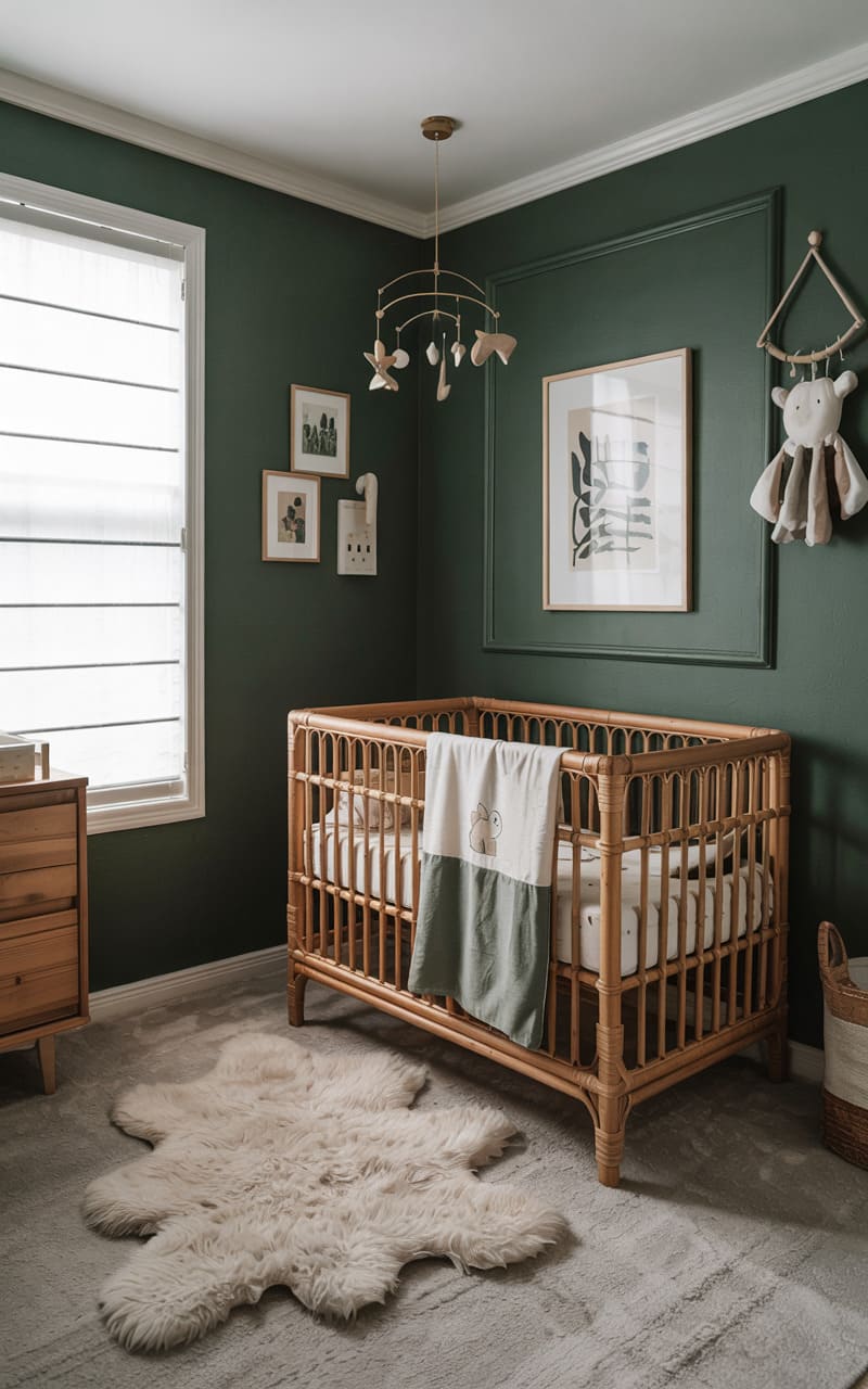 Nursery with Deep Emerald Green Walls and Natural Textures