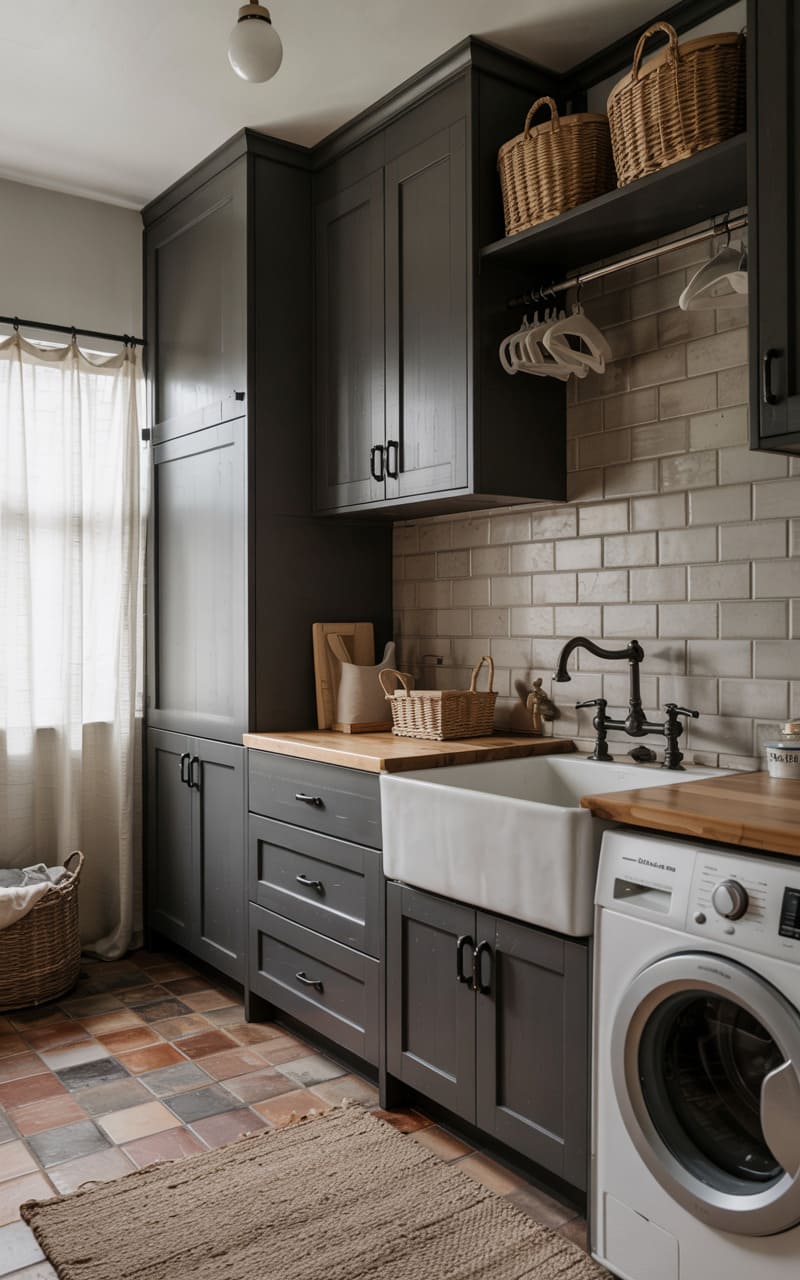 Laundry Room with Charcoal Cabinets and Rust-Toned Tiles