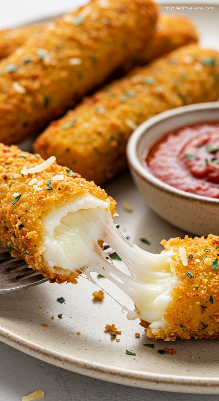 Air Fryer Mozzarella Sticks with Marinara – Closeup