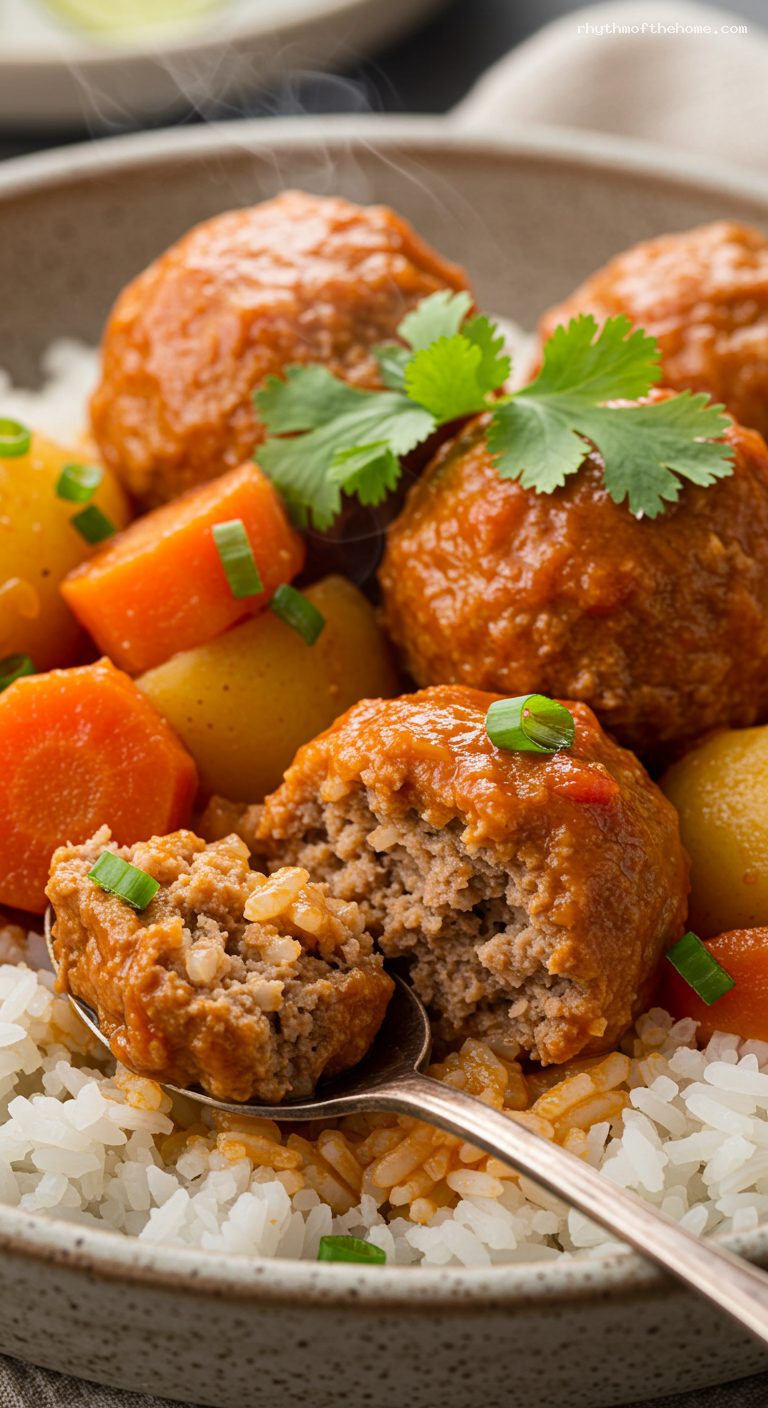 Albóndigas en Salsa Criolla with Rice and Cilantro – Closeup