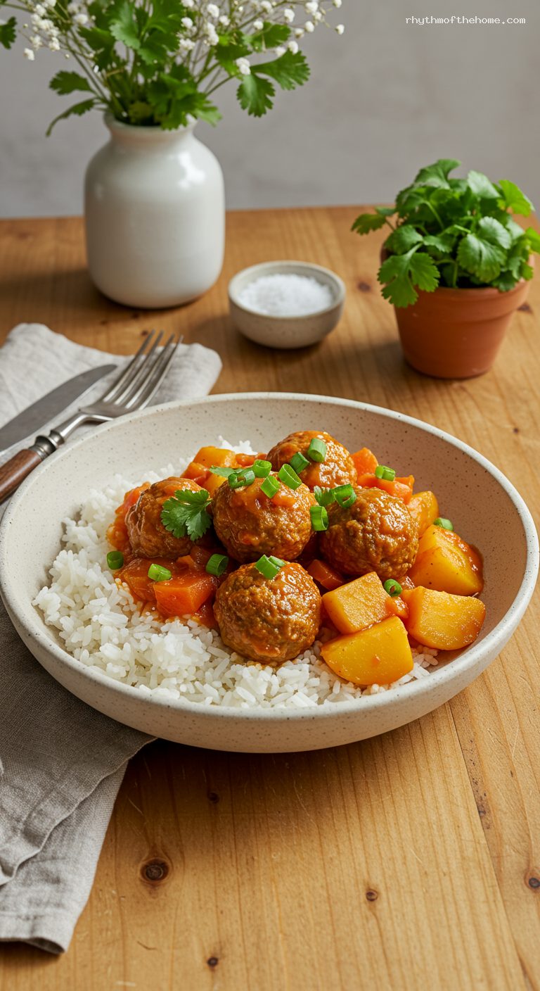 Albóndigas en Salsa Criolla with Rice and Cilantro