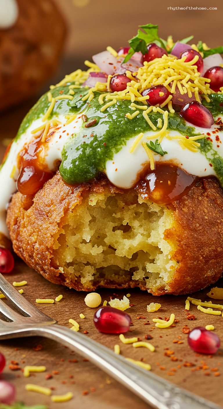 Aloo Tikki Chaat with Tamarind, Mint, and Yogurt – Closeup
