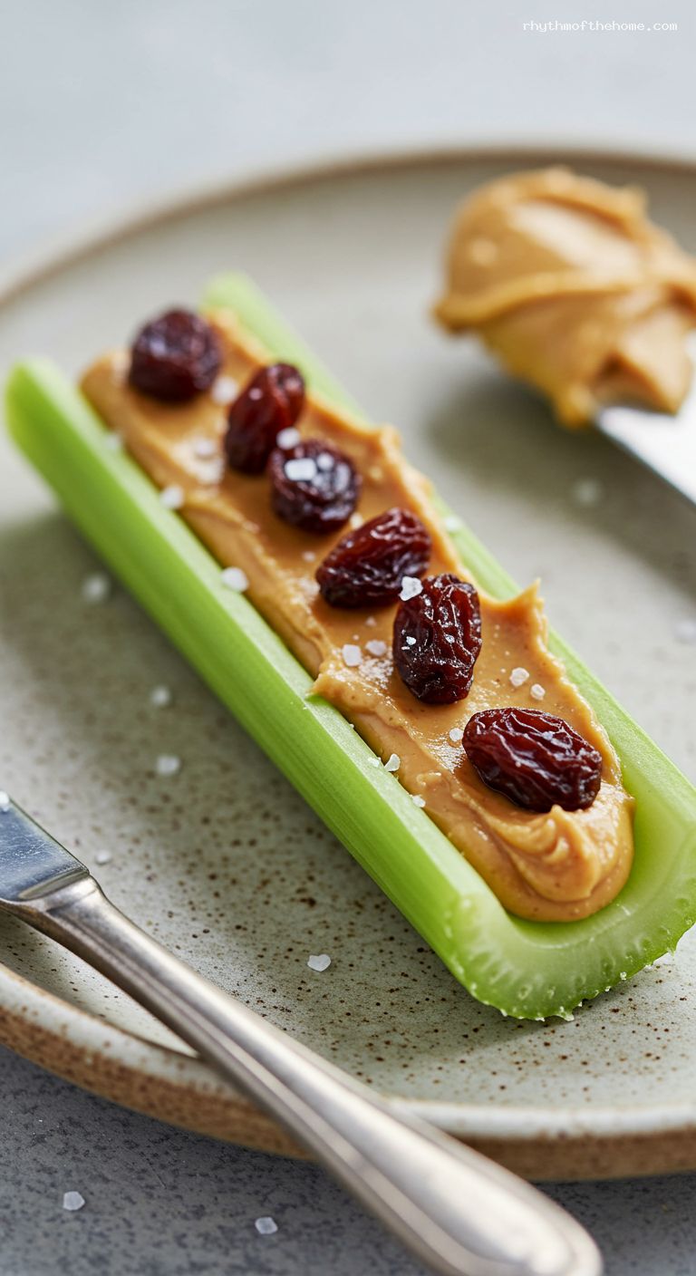 Ants on a Log with Peanut Butter and Raisins – Closeup