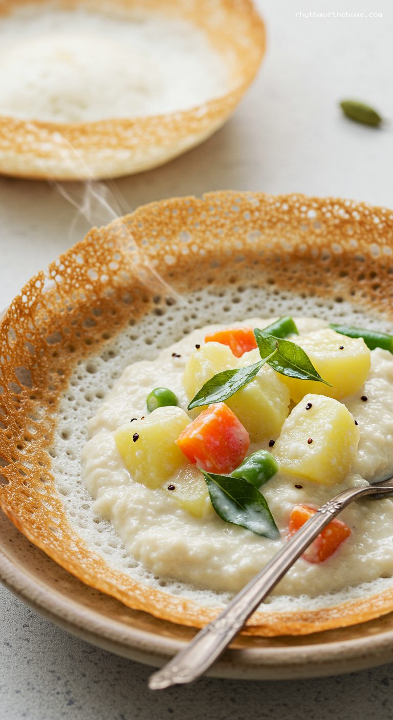 Appam with Coconut Vegetable Stew – Closeup