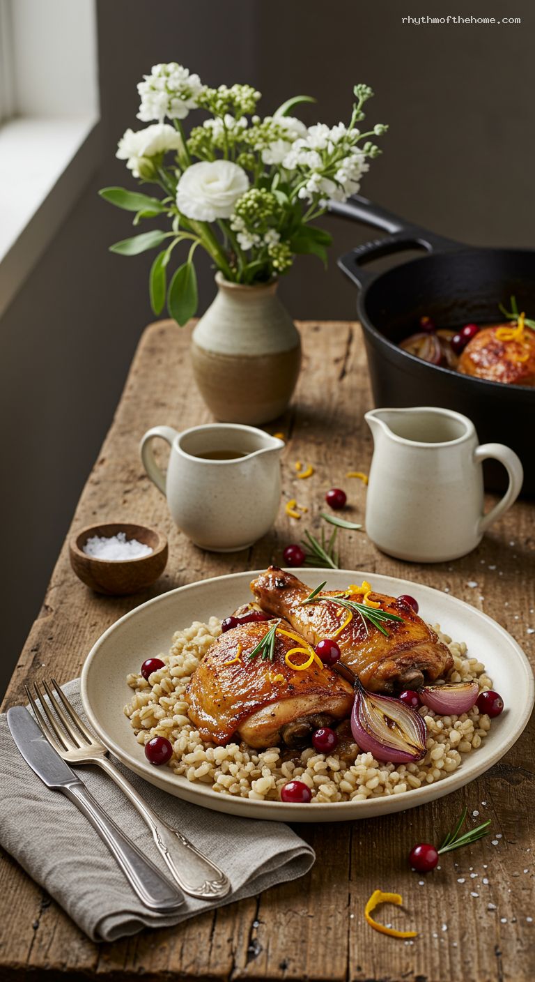 Apple Cider Braised Chicken with Cranberries and Rosemary