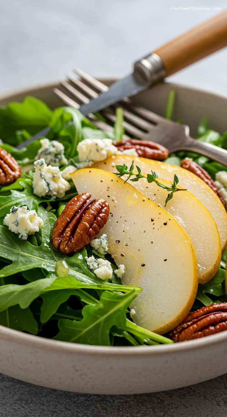 Arugula and Pear Salad with Blue Cheese and Candied Pecans – Closeup