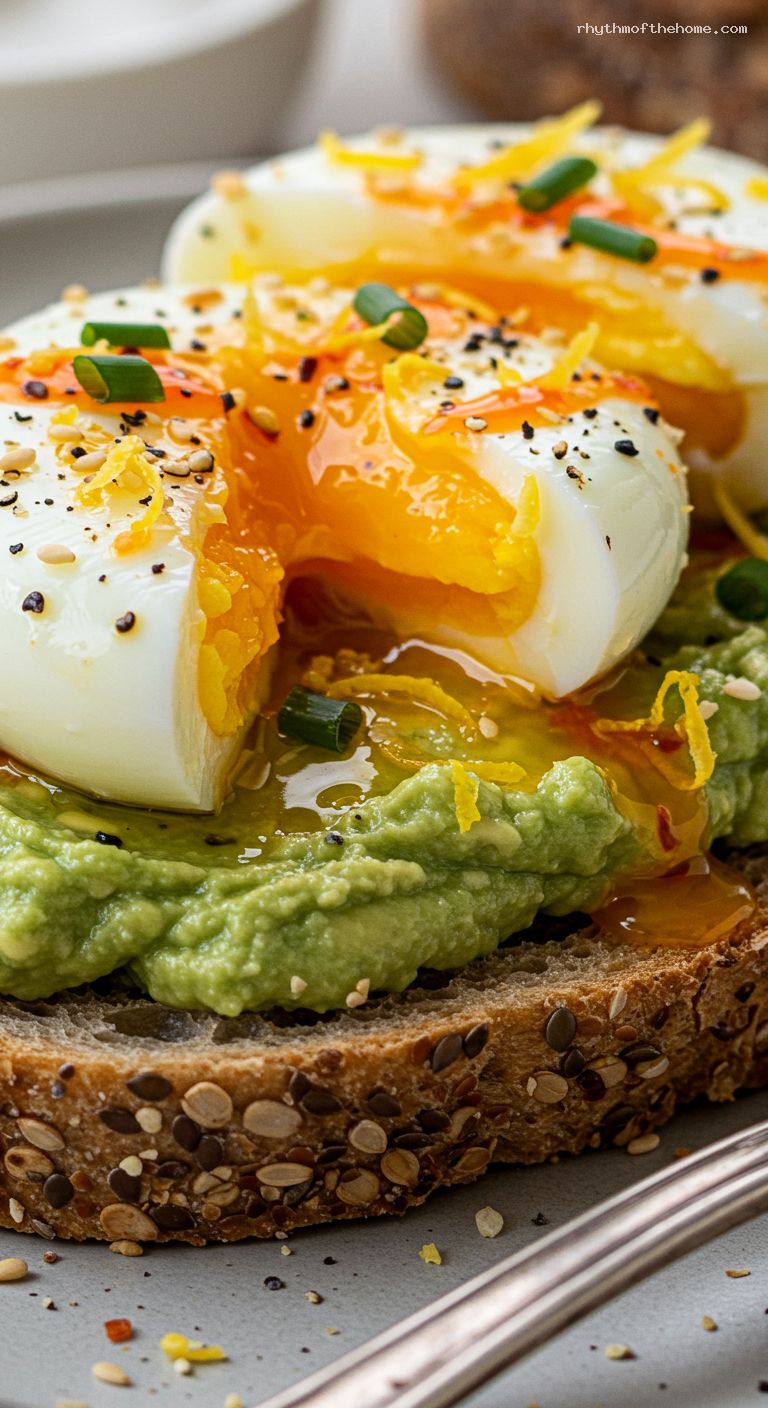Avocado Toast with Jammy Eggs and Chili Crunch – Closeup
