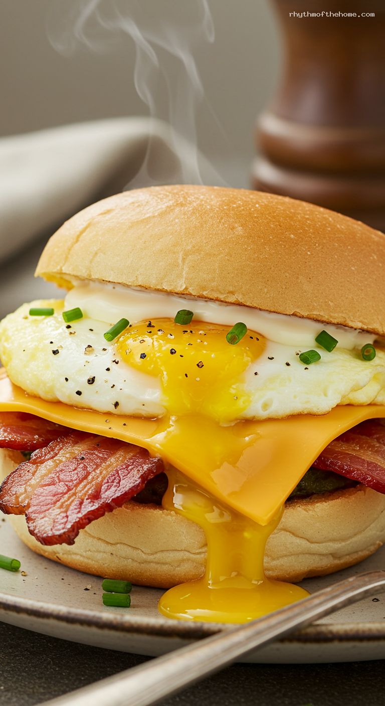 Bacon, Egg, and Cheese Breakfast Roll with Pepper Mayo – Closeup