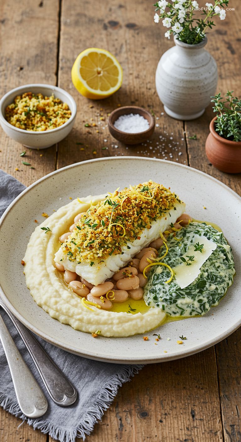 Baked Cod with Lemon-Herb Breadcrumbs and Creamed Spinach
