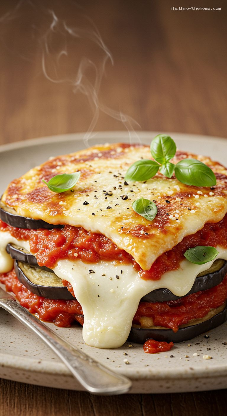 Baked Eggplant Parmigiana with Tomato, Mozzarella, and Basil – Closeup