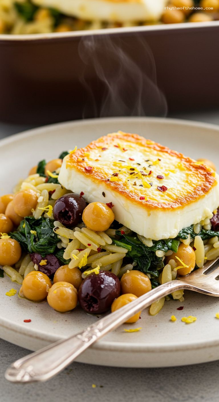 Baked Feta Chickpea Orzo with Spinach and Olives – Closeup