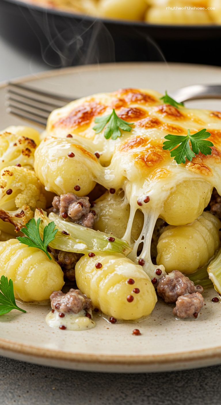 Baked Gnocchi with Sausage, Fennel, and Gruyère – Closeup