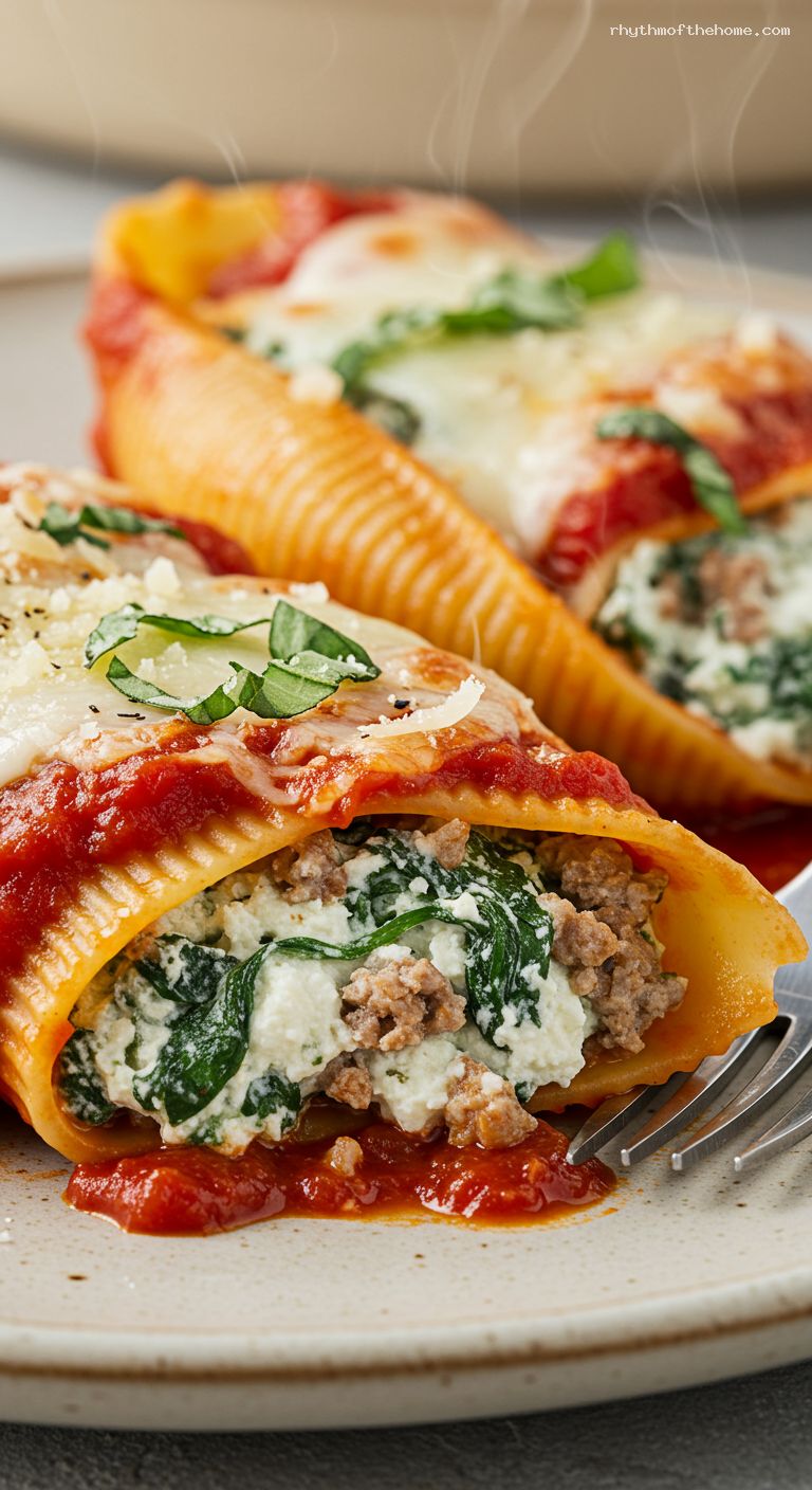 Baked Sausage, Spinach, and Ricotta Stuffed Shells – Closeup