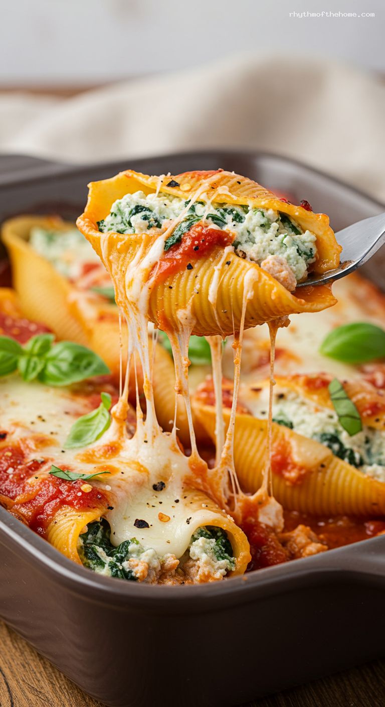 Baked Turkey and Spinach Stuffed Shells with Marinara Ricotta – Closeup