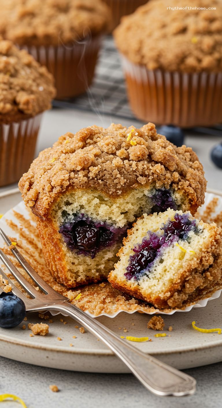 Bakery-Style Blueberry Streusel Muffins with Lemon Zest – Closeup