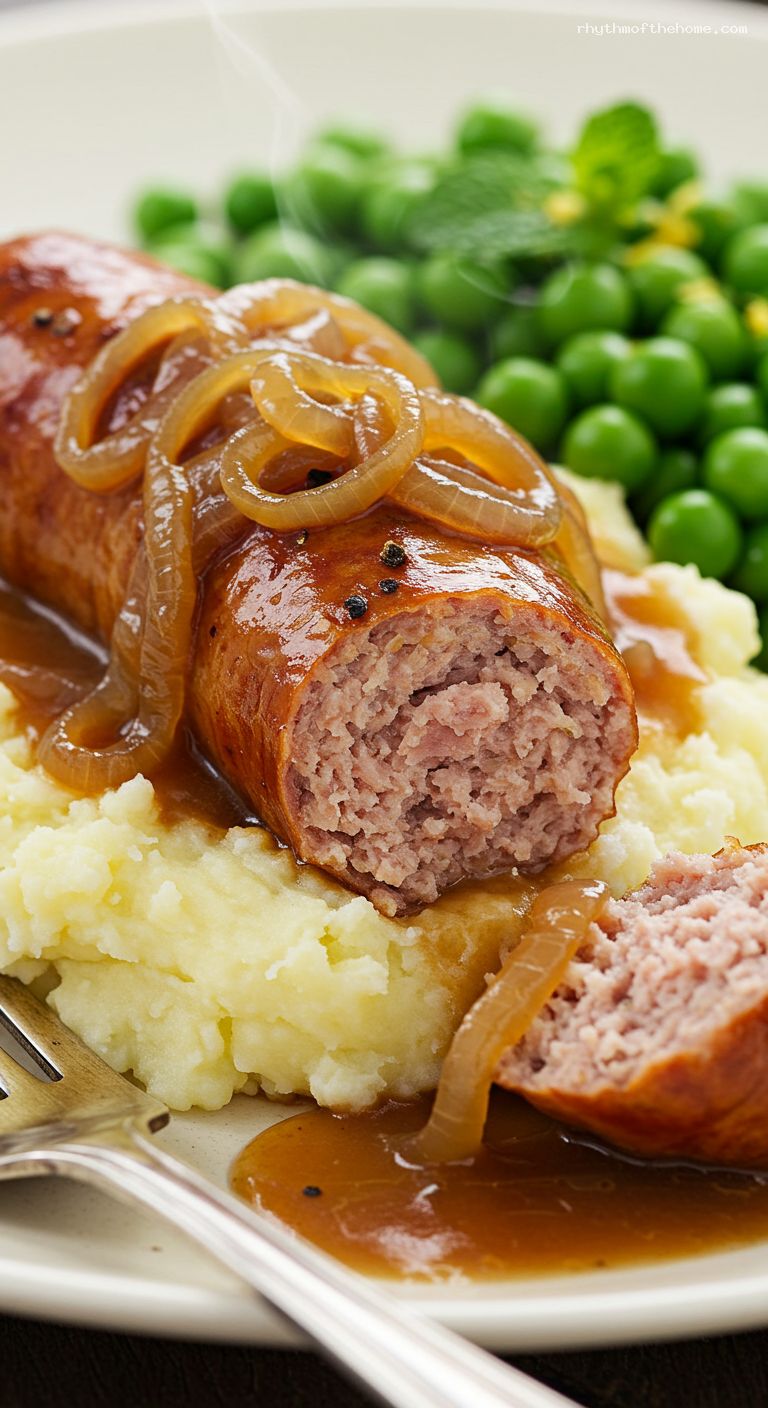 Bangers and Mash with Onion Gravy and Peas – Closeup