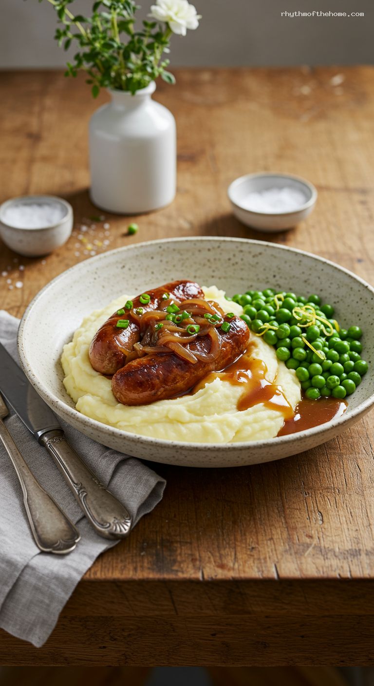 Bangers and Mash with Onion Gravy and Peas