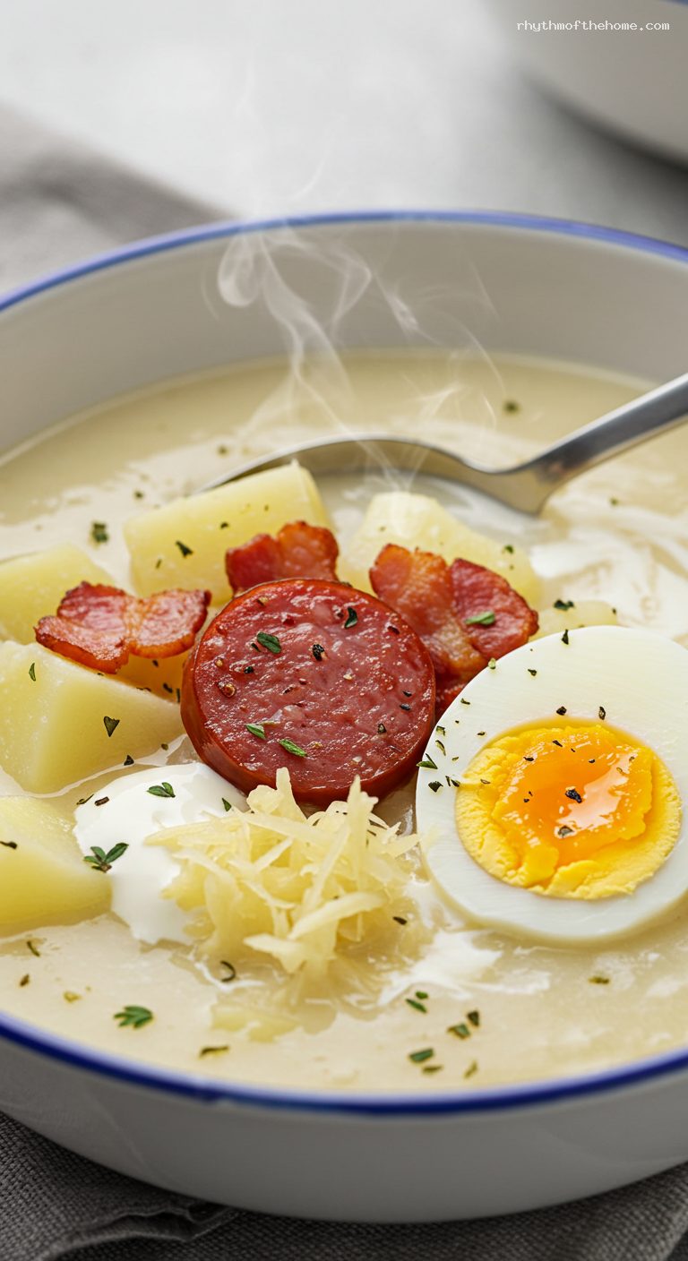 Barszcz Biały with Smoked Sausage and Eggs – Closeup