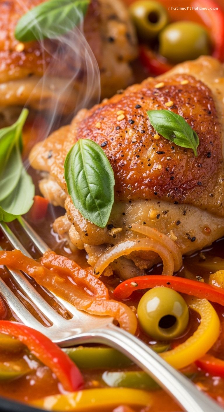 Basque Chicken with Peppers, Tomatoes, and Olives – Closeup