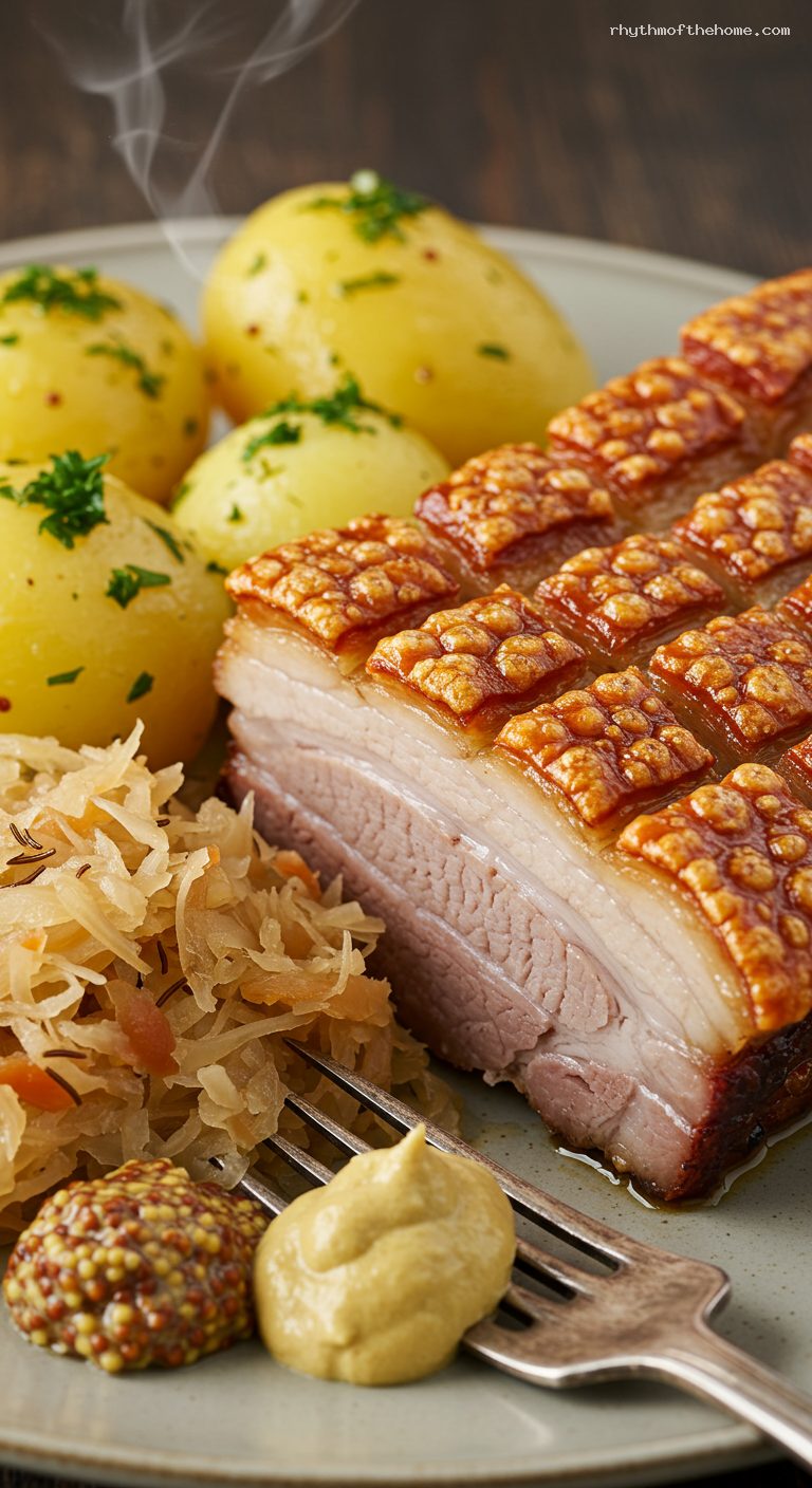 Beer-Braised and Roasted Pork Knuckle with Sauerkraut – Closeup