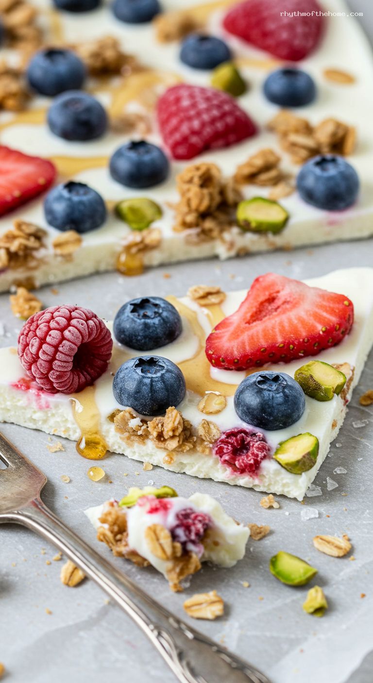 Berry Granola Frozen Yogurt Breakfast Bark – Closeup