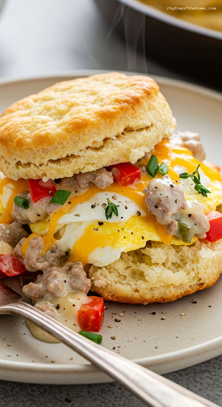 Biscuit-Topped Breakfast Pot Pie with Sausage and Peppers – Closeup