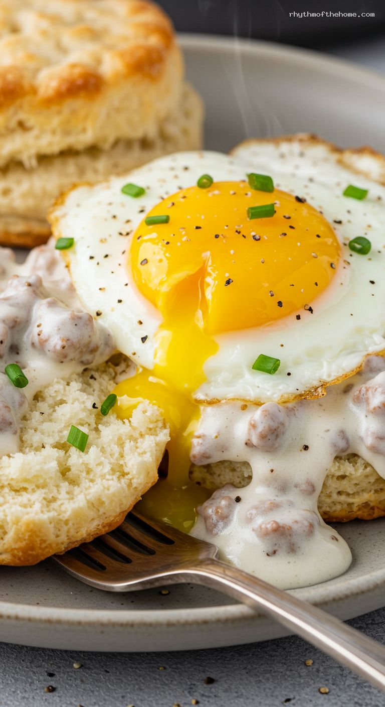 Biscuits and Gravy with Runny Egg and Chives – Closeup