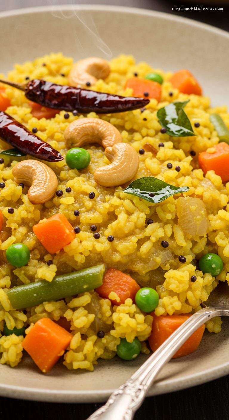 Bisi Bele Bath with Ghee Cashews and Tempered Spices – Closeup