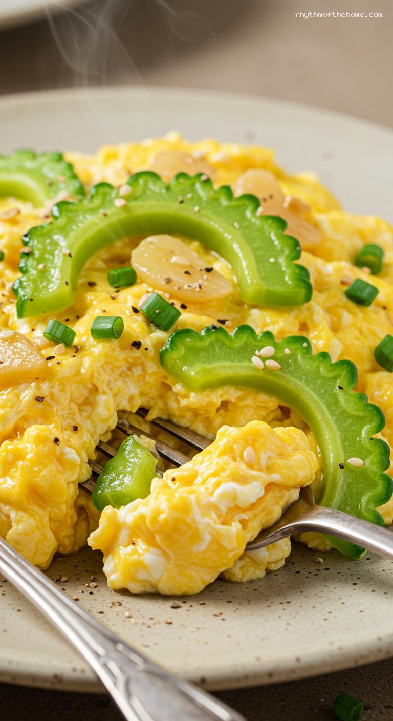 Bitter Melon and Egg Stir-Fry with Garlic and Soy – Closeup