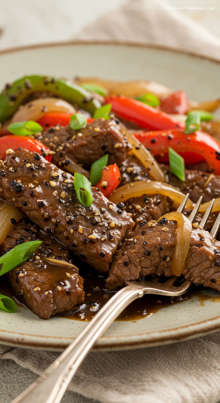 Black Pepper Beef with Onions and Peppers – Closeup