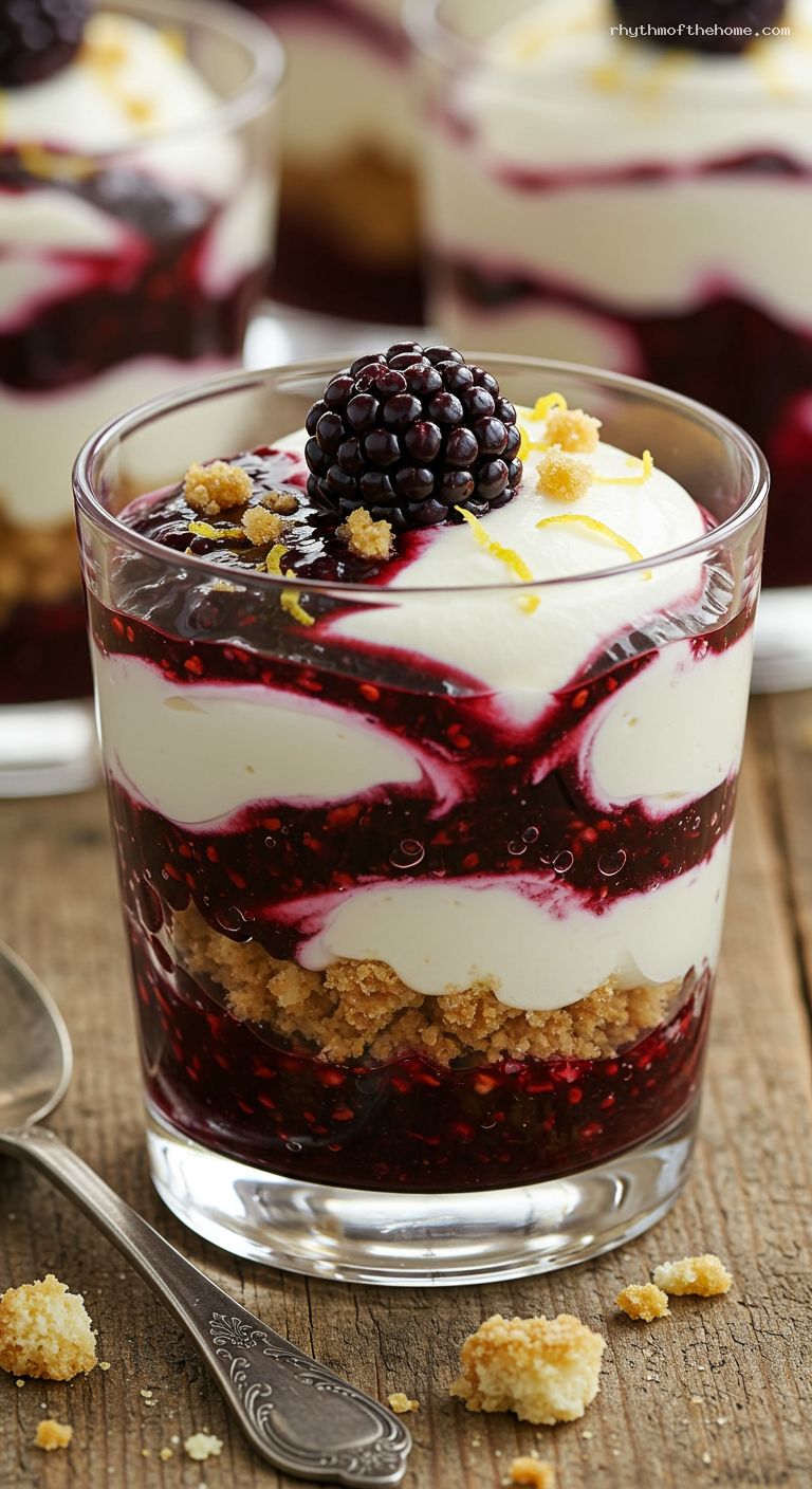 Blackberry Ginger Fool with Whipped Cream and Shortbread – Closeup