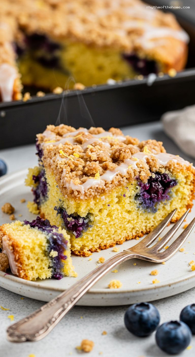 Blueberry Cornbread Buckle with Lemon Glaze – Closeup