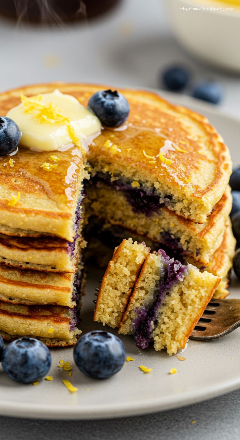 Blueberry Cornmeal Skillet Pancakes with Honey Butter – Closeup