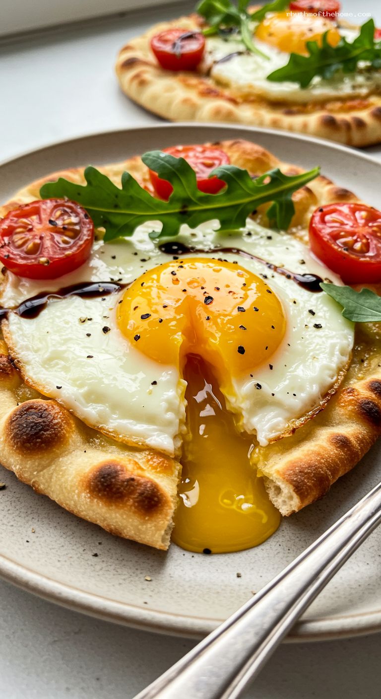 Breakfast Naan Pizza with Eggs and Balsamic – Closeup