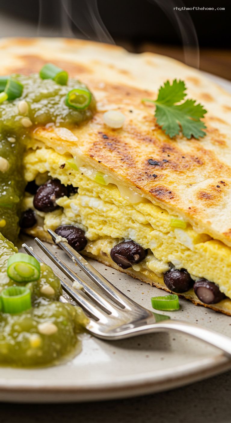 Breakfast Quesadillas with Eggs, Black Beans, and Salsa Verde – Closeup