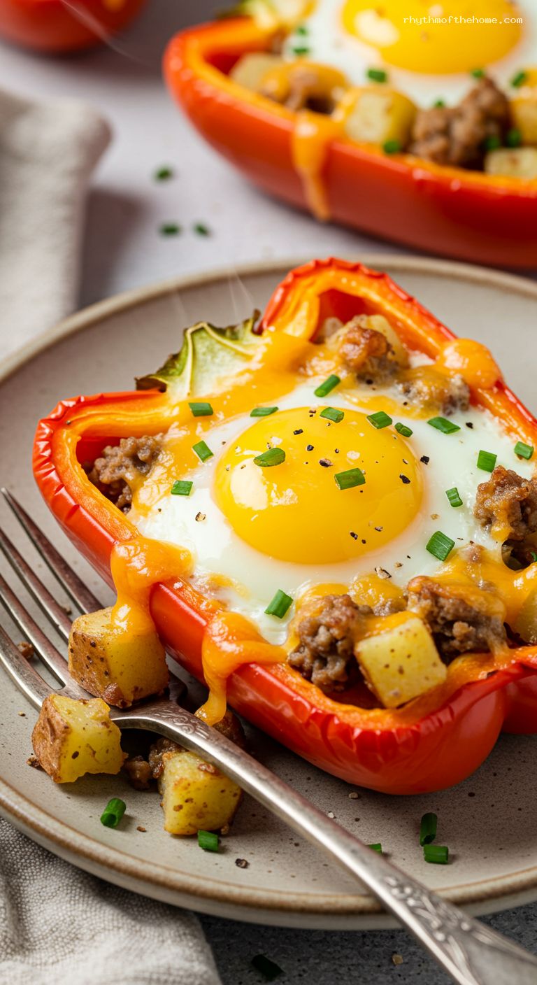 Breakfast Stuffed Bell Peppers with Egg and Sausage – Closeup